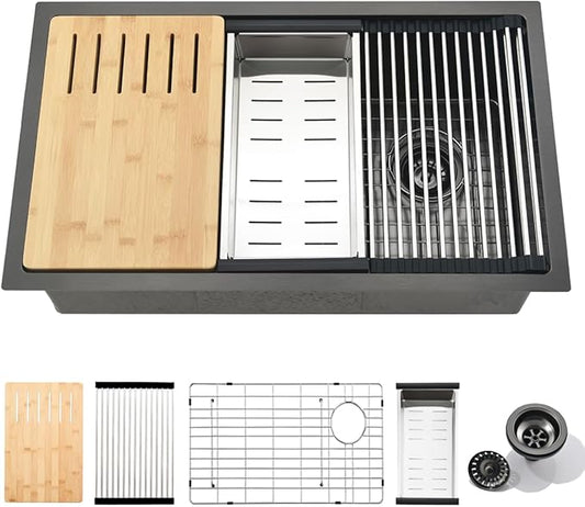 32 Inch Black Undermount Kitchen Sink Workstation - SZBAQTM 32x18-Inch Undermount Sink Stainless Steel Single Bowl 10'' Deep Handmade Kitchen sink with Cutting Board& Strainer