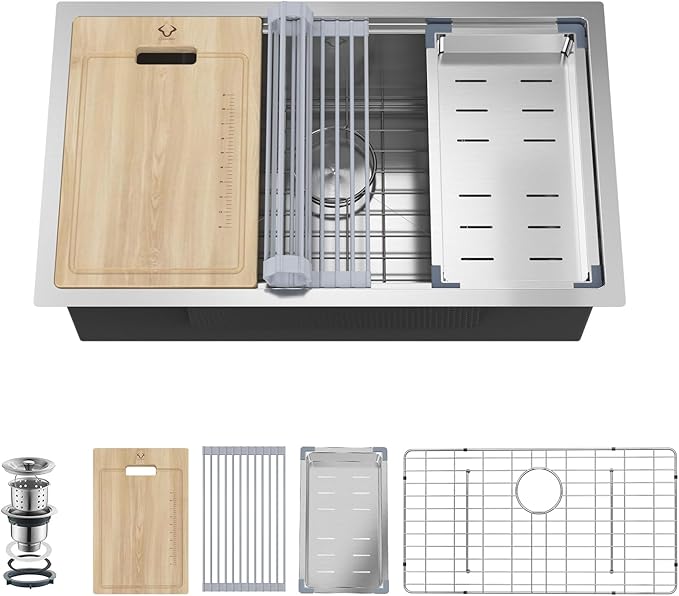 30 Inch Undermount Kitchen Sink 16 Gauge Stainless Steel Ledge Workstation Sink Round Corners Deep Single Bowl Kitchen Sinks with Accessories 30"x19"x10"