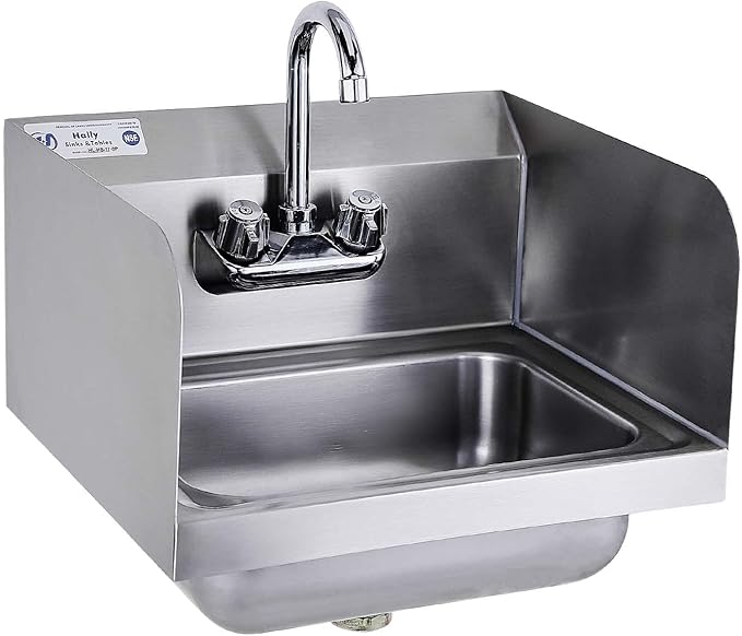 HALLY Stainless Steel Sink for Washing with Faucet and Side Splash, NSF Commercial Wall Mount Hand Basin for Restaurant, Kitchen and Home, 17 x 15 Inches
