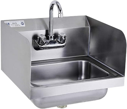 HALLY Stainless Steel Sink for Washing with Faucet and Side Splash, NSF Commercial Wall Mount Hand Basin for Restaurant, Kitchen and Home, 17 x 15 Inches