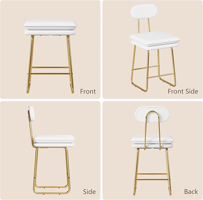 VECELO Bar Stools Set of 4, Counter Height Barstools with Removable Backrest, Padded Seat and Metal Legs, PU Leather Upholstered Bar Chairs for Kitchen, Island, White