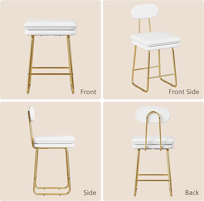 VECELO Bar Stools Set of 4, Counter Height Barstools with Removable Backrest, Padded Seat and Metal Legs, PU Leather Upholstered Bar Chairs for Kitchen, Island, White