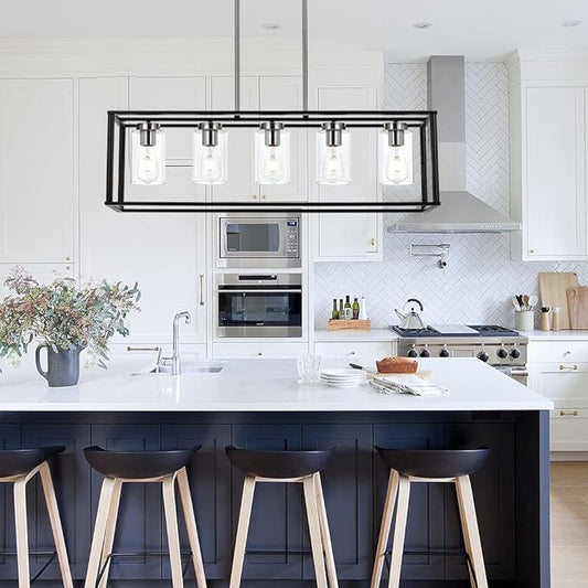 VINLUZ Modern Chandeliers Brushed Nickel and Black 5 Light Rectangle Dining Room Lighting Fixtures Hanging with Clear Glass Shade, Farmhouse Kitchen Island Pendant Lights Ceiling for Living Room