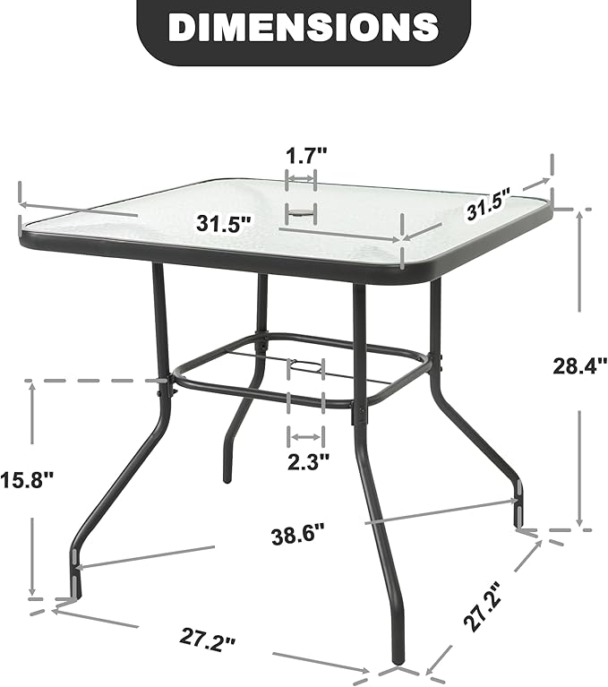 NUU GARDEN 31.5" Square Patio DiningTable, Patio Table with Umbrella Hole, Patio Dining Table with Tempered Glass, Outdoor Dining Tables, Square Patio Table for Balcony,Black
