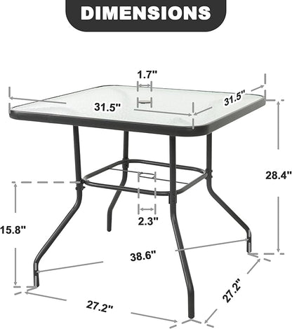 NUU GARDEN 31.5" Square Patio DiningTable, Patio Table with Umbrella Hole, Patio Dining Table with Tempered Glass, Outdoor Dining Tables, Square Patio Table for Balcony,Black