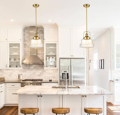 DEYNITE Modern Schoolhouse Pendant Light Fixtures Brass Hanging Kitchen Light with Clear Shade, E26 Light for Dining Room, Bedroom, Bathroom