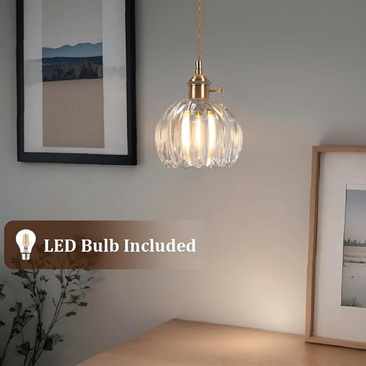 Mini Flower Hanging Lamp Plug in Pendant Light Fixtures, 15Ft Clear Glass Pendant Lights Kitchen Island Dining Room Bedroom Living Room, LED Bulb Included