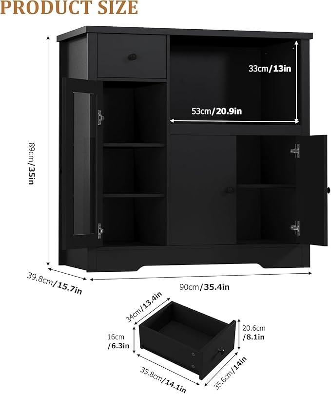 Storage Cabinet with Adjustable Shelves & Microwave Stand, Buffet Sideboard with Drawer, Single and Double Doors for Kitchen, Dining Room, Black
