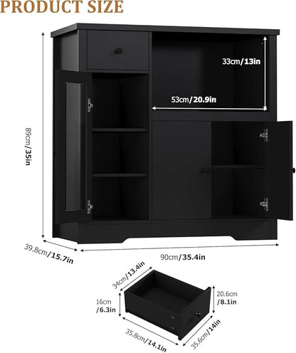 Storage Cabinet with Adjustable Shelves & Microwave Stand, Buffet Sideboard with Drawer, Single and Double Doors for Kitchen, Dining Room, Black