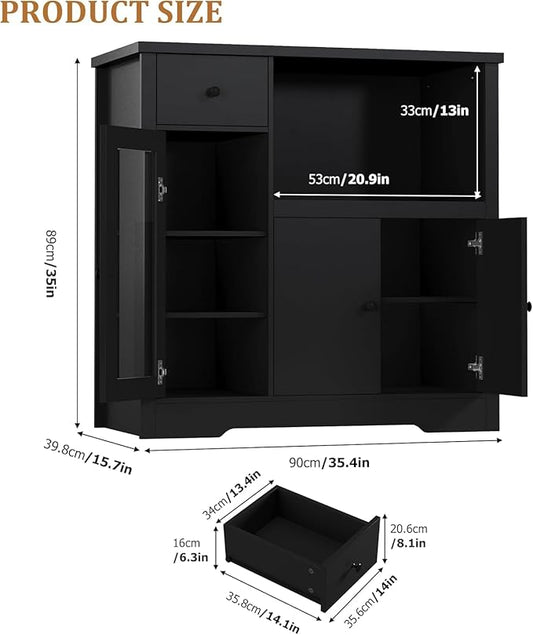 Storage Cabinet with Adjustable Shelves & Microwave Stand, Buffet Sideboard with Drawer, Single and Double Doors for Kitchen, Dining Room, Black