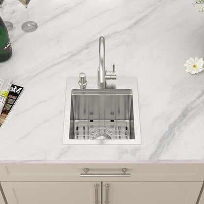 Dcolora Drop In Bar Sink 13x15x9 Inches, Workstation with Accessories, Brushed 304 Stainless Steel, Heavy Duty 16 Gauce, Small Single Bowl Perfect for Small Kitchen, Bar, Kitchen Island #DC-TW258005