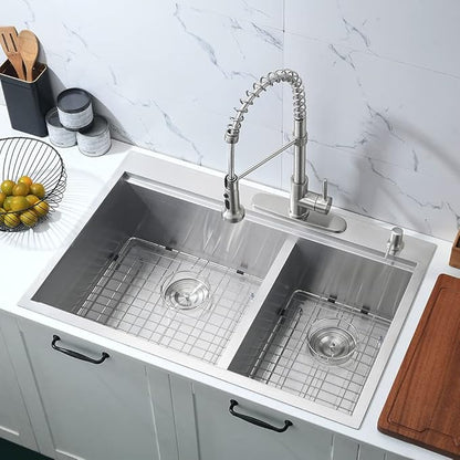 33 Inch Double Bowl Drop In Kitchen Sink Workstation-Bokaiya 33x22 Double Bowl Kitchen Sink Drop In Stainless Steel 16 Gauge Deep 60/40 Low Divide Sinks with Cutting Board