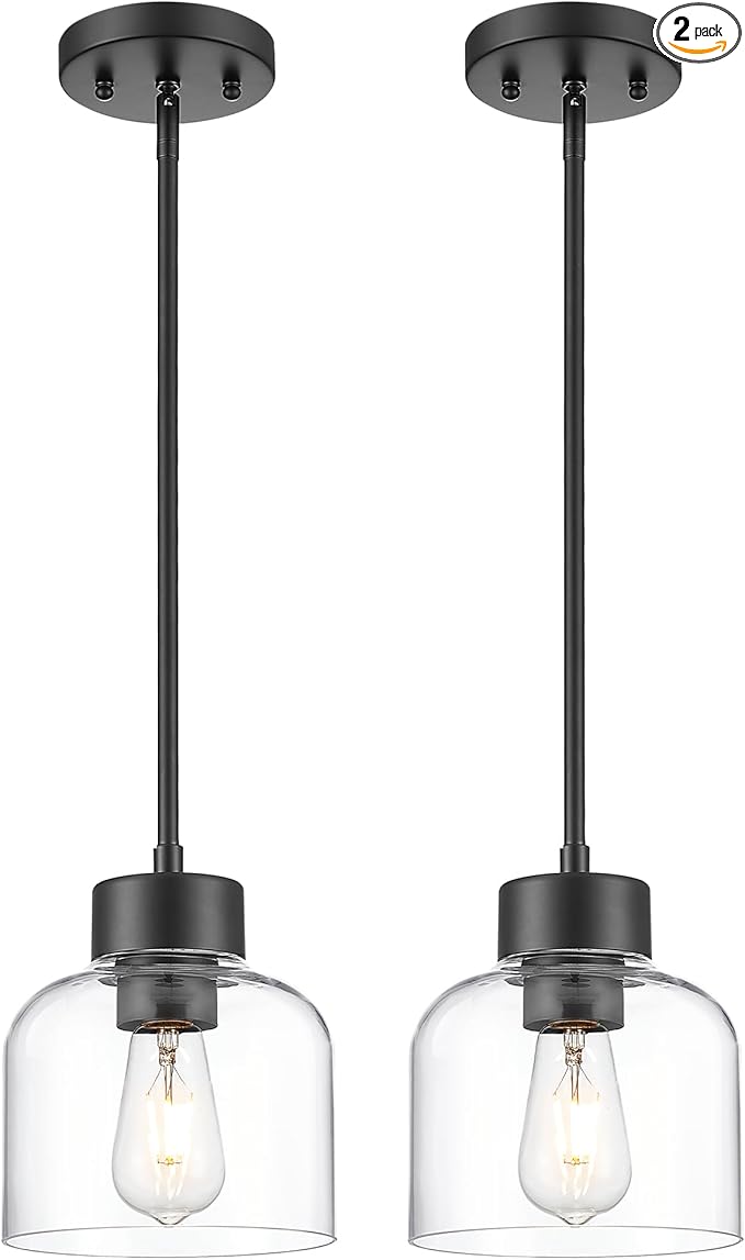 2-Pack Pendant Lights Kitchen Island, 7" Matte Black Hanging Lights Fixtures with Clear Glass Shade, Modern Kitchen Pendant Lighting Over Island for Dining Room, AD-24024-1P2-BK