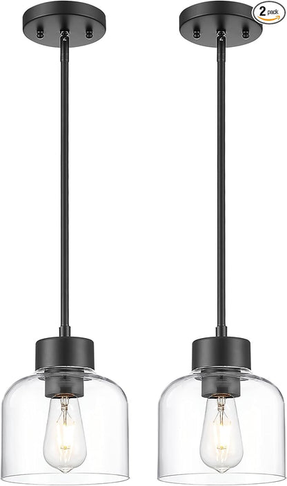 2-Pack Pendant Lights Kitchen Island, 7" Matte Black Hanging Lights Fixtures with Clear Glass Shade, Modern Kitchen Pendant Lighting Over Island for Dining Room, AD-24024-1P2-BK