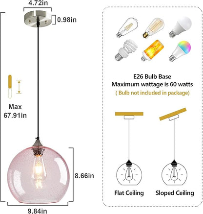 Pink Glass Pendant Lights Kitchen Island Globe Pendant Light Fixtures Modern Pendant Lighting for Bedroom Living Dining Room Light Fixture (9.84 in, 2 Pack)