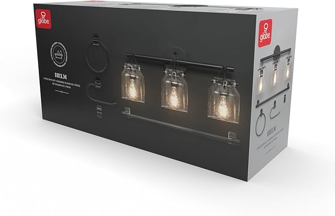 Globe Electric 63000207 5-Piece All-in-One Bathroom Set, 22" 3-Light Vanity Light, Matte Black, Seeded Glass Shades, Towel Bar, Robe Hook, Toilet Paper Holder, Towel Ring, Bathroom Lights Over Mirror