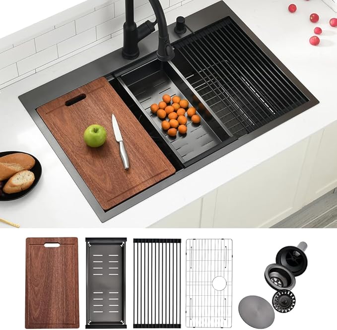 33 Inch Black Drop In Kitchen Sink, Swift Horse 33x22 Inch 16-Gauge Black Stainless Steel Single Bowl Workstation Kitchen Sinks with Accessories for Kitchen Remodel
