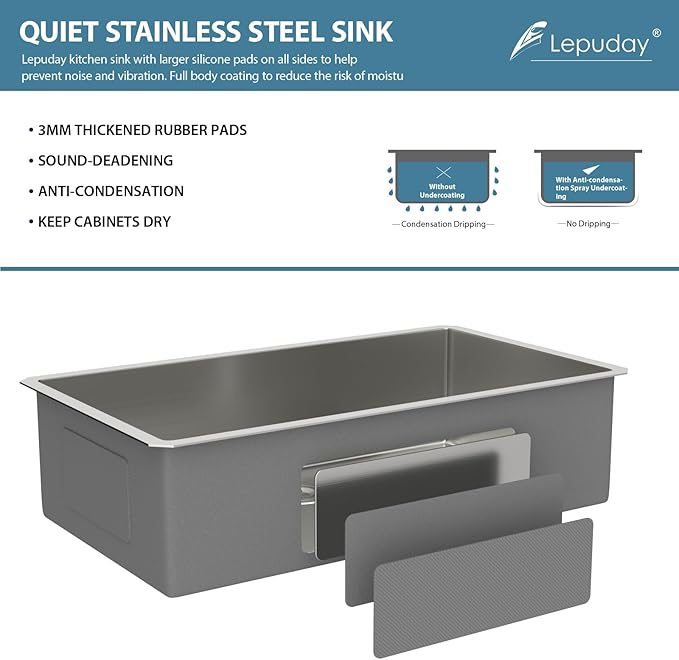 33 Inch Undermount Kitchen Sink Single Bowl 18 Guage Stainless Steel 33"x19"x9" Deep Under Counter Kitchen Sinks Basin R10 Round Corners Handmade Sink