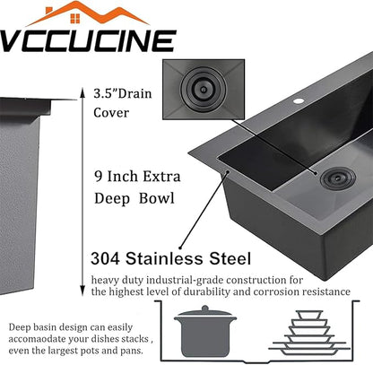 VCCUCINE 28x18 Inch Black Top Mount Drop in Kitchen Sink, Gunmetal Black Modern Square Single Bowl Stainless Steel Basin Topmount Kitchen Sink,16 Gauge Overmount Metal Laundry Sink with Strainer