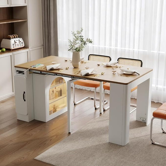 Extendable Dining Table with 3 Removable Middle Leaves, Mobile Rolling Island Table with Power Outlet, Saving-Space Cabinet with Storage for Dining Room and Living Room (Cream White and Natural)