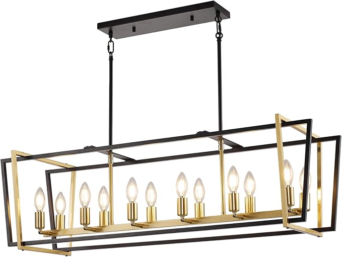 WJShome 12 Light Chandeliers for Dining Room, Farmhouse Kitchen Island Lighting, Black and Gold Rectangle Chandelier, Rustic Adjustable Height Metal Hanging Dining Table Fixture