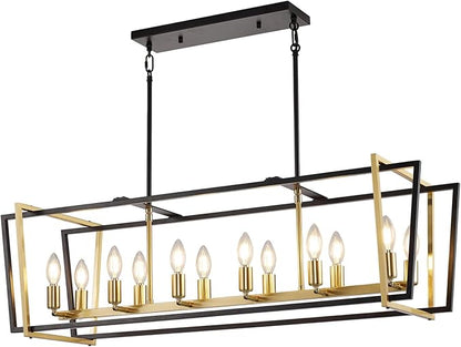 WJShome 12 Light Chandeliers for Dining Room, Farmhouse Kitchen Island Lighting, Black and Gold Rectangle Chandelier, Rustic Adjustable Height Metal Hanging Dining Table Fixture