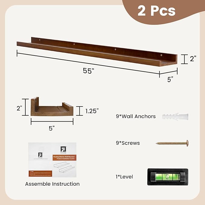 FLYJOE Picture Ledge Shelf, Floating Shelves Set of 2, Solid Ash Wood 56'' Long Large Nursery Book Shelves for Toys Storage, Kids Bookshelf for Living Room Bedroom Decor Books Photo Frames, Walnut