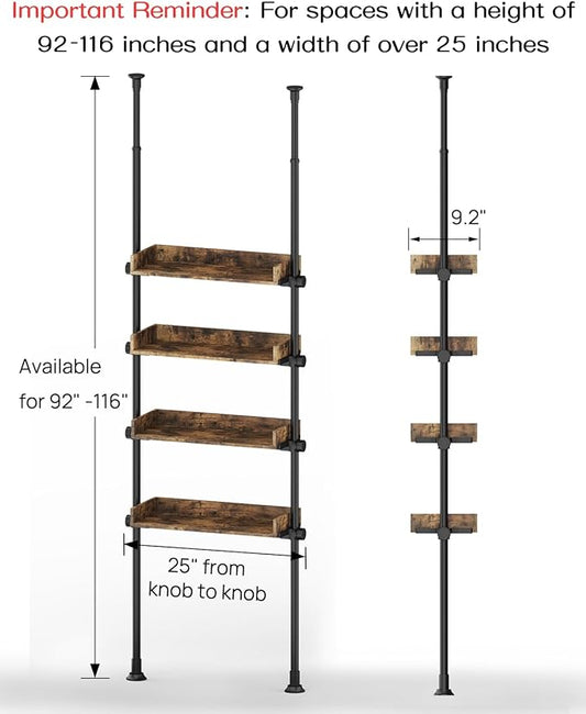 ALLZONE Bathroom Organizer, Over The Toilet Storage, 4-Tier Adjustable Wood Shelves for Small Rooms, Saver Space Rack, 92 to 116 Inch Tall, Narrow Cabinet, Rustic Brown