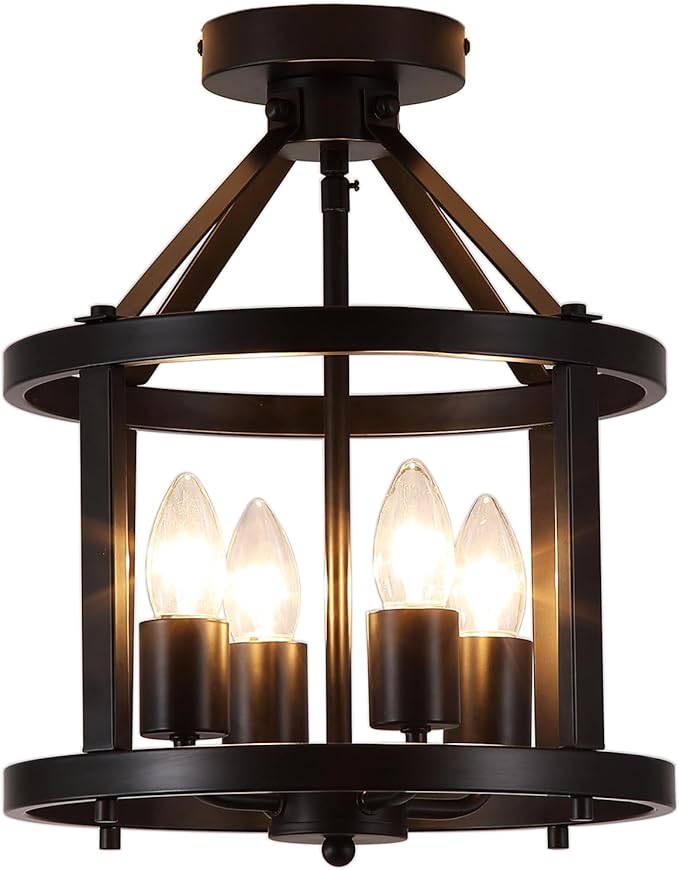 Black Flush Mount Ceiling Light Fixture, 4-Light Farmhouse Semi Flush Mount Ceiling Light, Industrial Metal Chandelier Ceiling Lamp for Dining Room Hallway Entryway Kitchen, E26 Socket