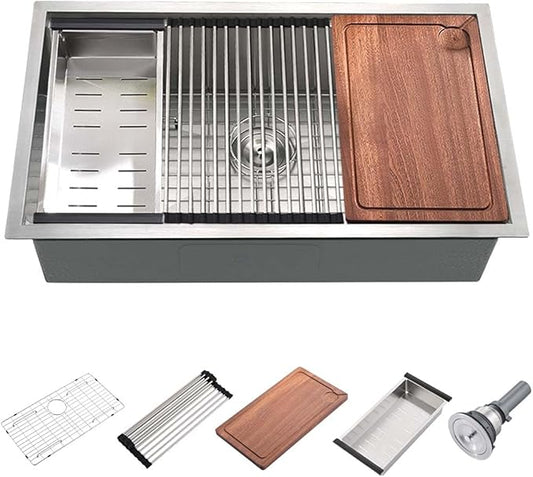 25 Undermount Kitchen Sink Workstation-Wesliv 25x19 Inch Stainless Steel Undermount Kitchen Sinks Workstation 16 Gauge Single Bowl Deep Sink with Cutting Board