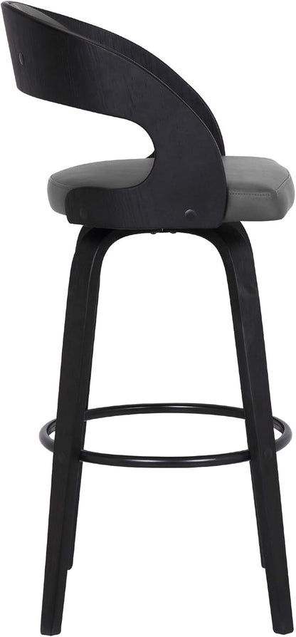 Armen Living Shelly 30" Bar Height Swivel Gray Faux Leather and Black Wood Bar Stool