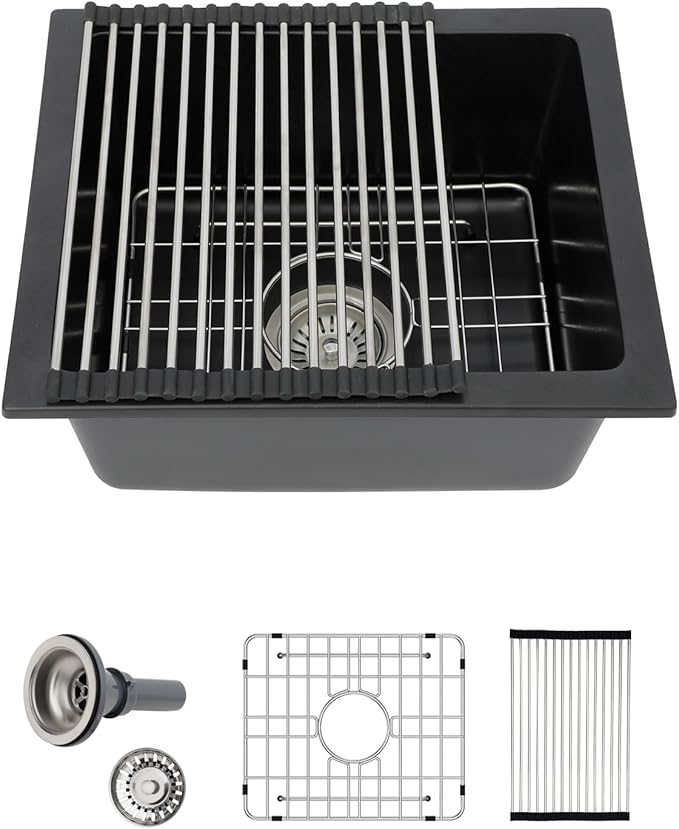 Sarlai 18 Black Kitchen Sink Granite Composite - 18 x 16 inch Bar Prep Sink Black Granite Composite Quartz Undermount Single Bowl Rectangular RV Camper Sinks Basin