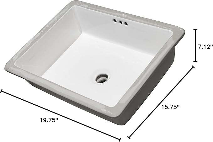 MSI 19.75” (L) x 15.75” (W) x 7.125” (H) Flat Rectangle Porcelain Ceramic Undermount Bathroom Vanity Vessel Sink, White