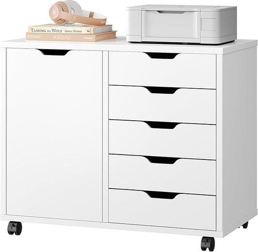 DUMOS 5 Drawer File Cabinet Office Drawers Organizer with Wheels Rolliing, Under Desk Cabinets with Shelves and Door Printer Stand with Wood Board Metal Frame for Home Office Storage Craft Room, White