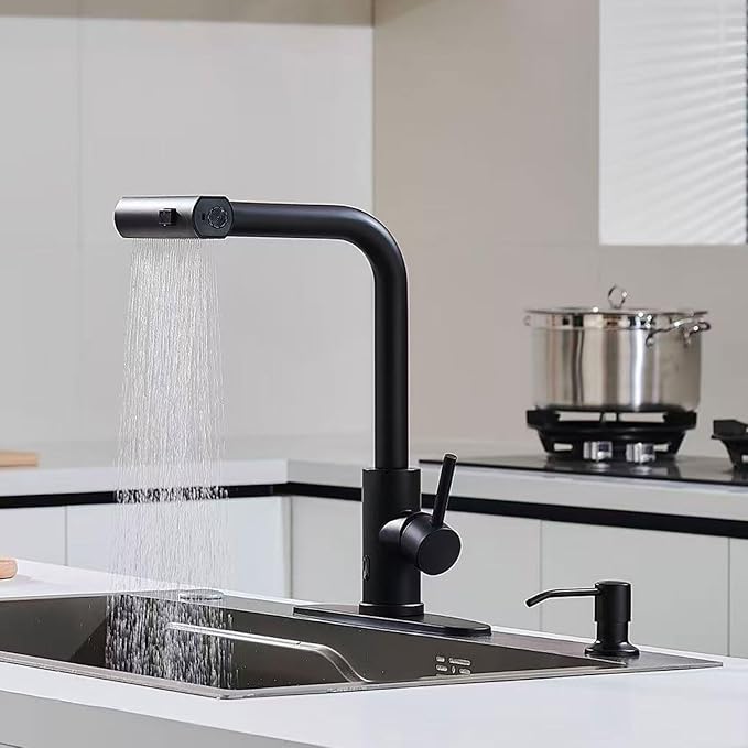AVSIILE Matte Black Touchless Kitchen Faucets with Pull Down Sprayer & Soap Dispenser, Waterfall Single Hole & Handle, Pull Out Sink Faucet, Suitable for Farmhouse Camper Laundry Rv Bar