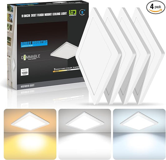 mw 4 Pack 9 Inch Square LED Flush Mount Ceiling Light, White Slim LED Ceiling Lights, Dimmable 18W, 210V, 3000K/4000K/5000K, for Bedroom, Kitchen, Bathroom, ETL Listed, Each Side is 8.43"
