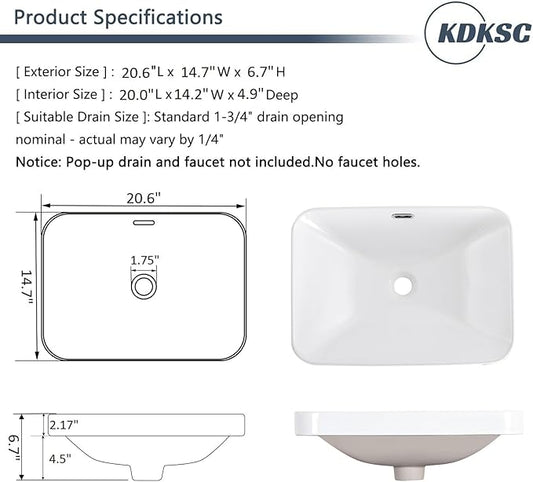 Bathroom Vessel Sink 20.6'' x 14.7'' Semi Recessed Bathroom Sink Rectangular Drop In Sink with Overflow White Ceramic Modern Vessel Sinks for Bathroom
