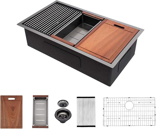 Sarlai 33 Kitchen Sink Undermount Gunmetal Black - 33x19 inch Kitchen Sink Ledge Workstation Gunmetal Black 16 Gauge Stainless Steel Under Counter Single Bowl