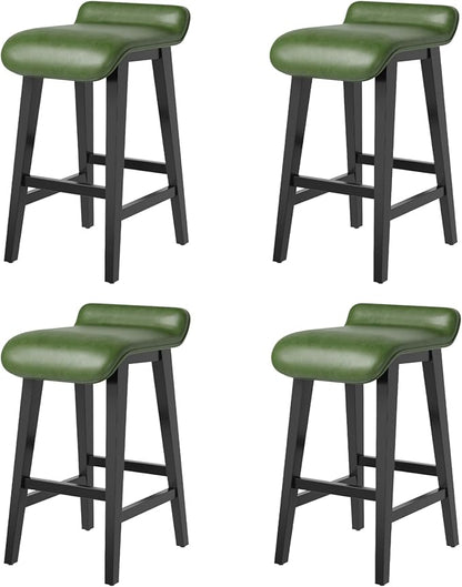 IDEALHOUSE 26.2" Solid Wood Bar Stools Set of 4, Counter Height Bar Stools with Wide PU Leather Upholstered Seat, Barstools Set for Kitchen Islands, Counter Bars, Green