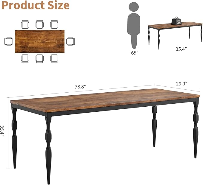 78" Modern Dining Table with Heavy-Duty Metal Legs, Farmhouse Kitchen Table for 6-8 Family, Rustic Brown Wood Top with Spindle Design for Dining Room, Home Office, Apartment