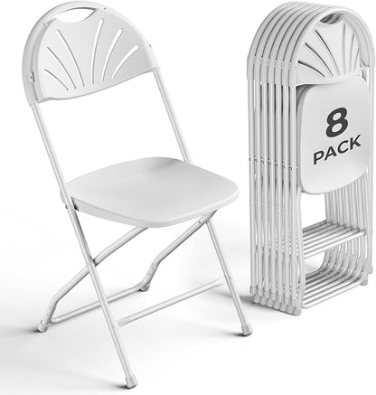 8 Pack White Plastic Folding Chairs, Outdoor Portable Folding Chair with Steel Frame, 400lbs Capacity Stackable Foldable Chairs for Patio, Garden, Picnic, Kitchen, Events