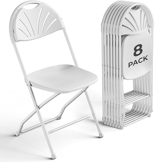 8 Pack White Plastic Folding Chairs, Outdoor Portable Folding Chair with Steel Frame, 400lbs Capacity Stackable Foldable Chairs for Patio, Garden, Picnic, Kitchen, Events