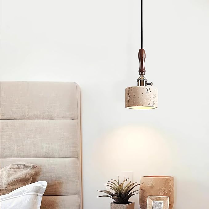 Japanese Wabi sabi Pendant Light with Natural Stone Shade, Dimmable Modern Wood Hanging Lamp Fixture, Adjustable Height Pendant Lamp for Bedroom, Kitchen Island, Dining Room, Restaurant, Cafe, Bar (F)