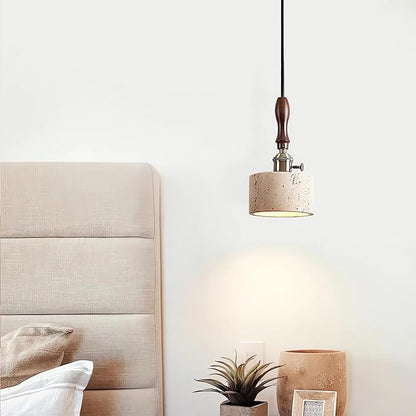 Japanese Wabi sabi Pendant Light with Natural Stone Shade, Dimmable Modern Wood Hanging Lamp Fixture, Adjustable Height Pendant Lamp for Bedroom, Kitchen Island, Dining Room, Restaurant, Cafe, Bar (F)