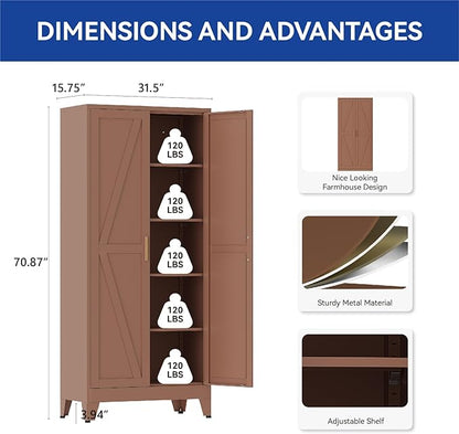 COFaR Metal Pantry Cabinet with Doors, Farmhouse 71'' Tall Storage Cabinet with 4 Adjustable Shelves, Kitchen Pantry Cabinet for Dinning Room, Garage, Laundry, Bathroom, Brown 5-Tier