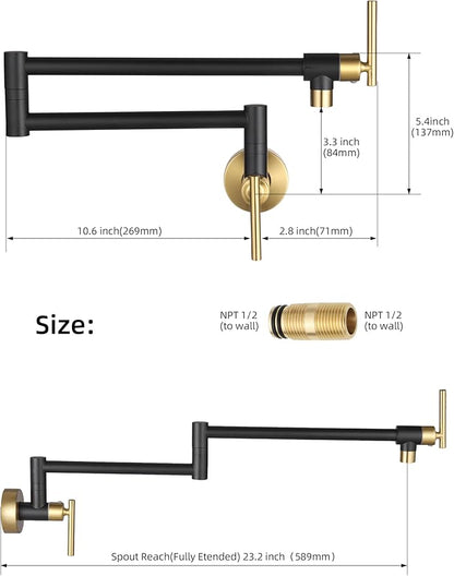 Fransiton Black Gold Pot Filler, Pot Filler Faucet Wall Mount, Brass Folding Stretchable with Double Joint Swing Arm Single Hole Two Handles Kitchen