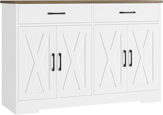 HOSTACK Buffet Cabinet with Storage, 47.2" Kitchen Sideboard Buffet with Drawers, Modern Farmhouse Coffee Bar Station with Shelves, Barn Doors Storage Cabinet for Living Room, White/Rustic Brown