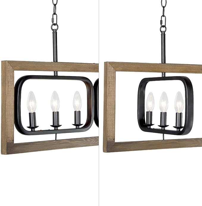 LOG BARN 31'' Farmhouse Chandelier, 6-Light Rectangle Wood Kitchen Island Lighting with Black Metal Rotatable Frame, Rustic Chandeliers Light Fixtures for Dining Room
