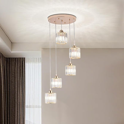 Crystal Pendant Lights Chandeliers for High Ceilings Modern Crystal Chandeliers Hanging Light Fixture Raindrop Drop Lamp for Dining Room Foyer Living Room Entryway Gold 5 Lights