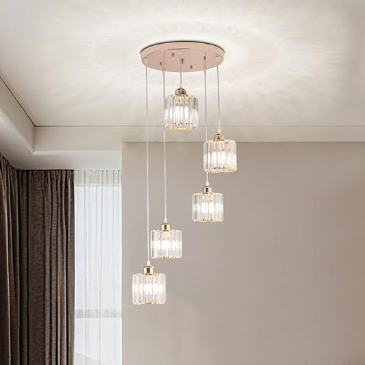 Crystal Pendant Lights Chandeliers for High Ceilings Modern Crystal Chandeliers Hanging Light Fixture Raindrop Drop Lamp for Dining Room Foyer Living Room Entryway Gold 5 Lights